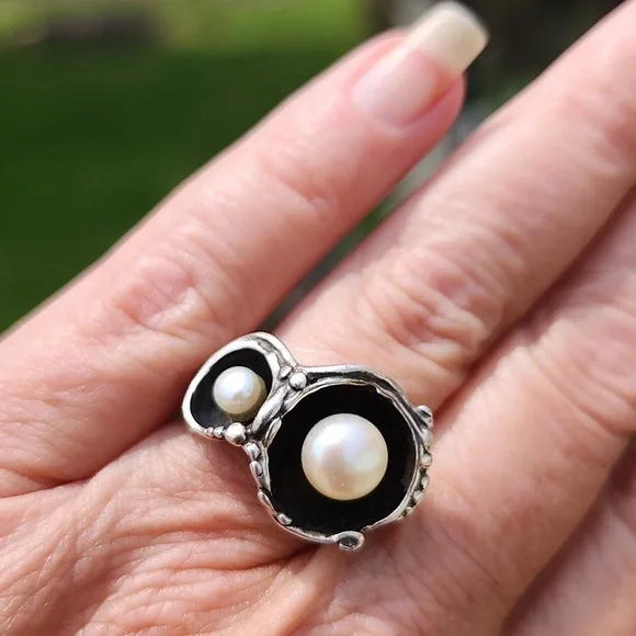 Modernist sterling silver ring real pearls size 7 artist signed Fine Jewelry - Picture 7 of 7